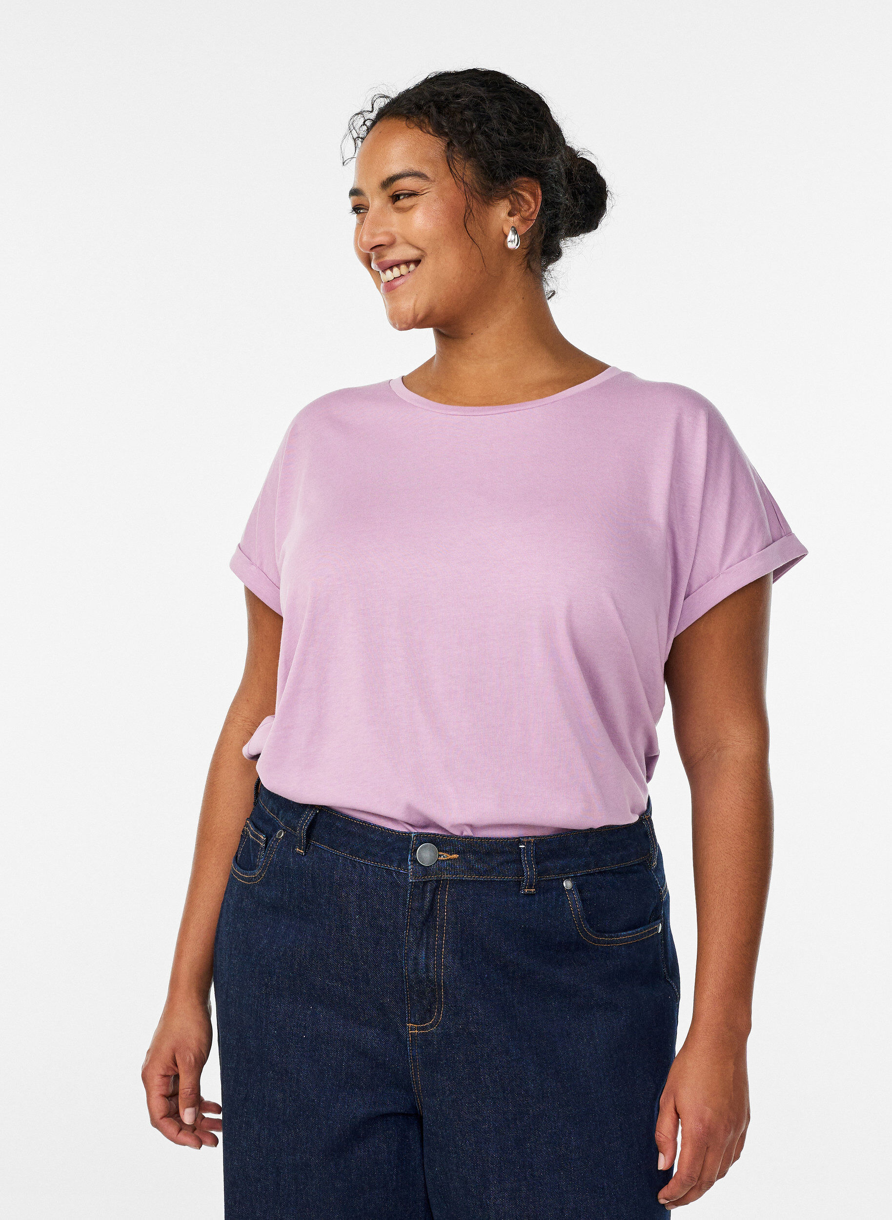 T-shirt met korte mouwen van katoenmix, Paars, Model