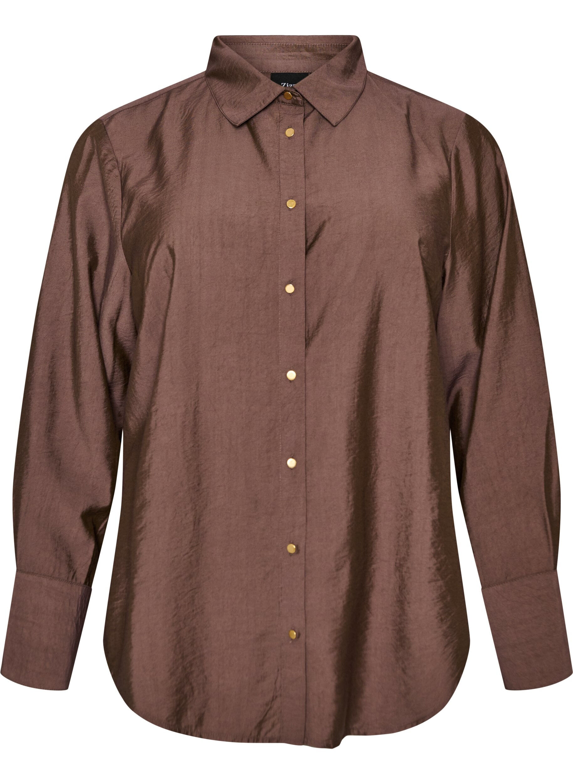 ZizziViscose shirt met gouden knopen, Bruin, Packshot image number 0