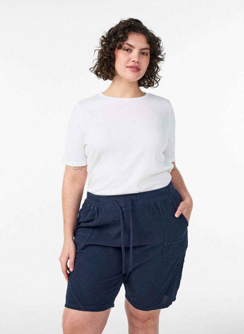 Losse katoenen short met zakken, Blauw, Model image number 0