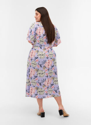Viscose midi-jurk met bloemenprint, Purple Dahlia Flower, Model image number 1