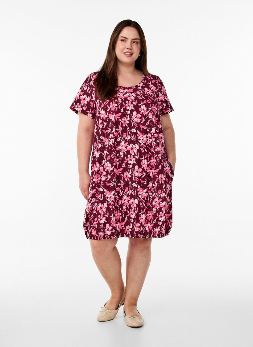Katoenen jurk met korte mouwen en print, Donker Bordeaux, Model image number 1