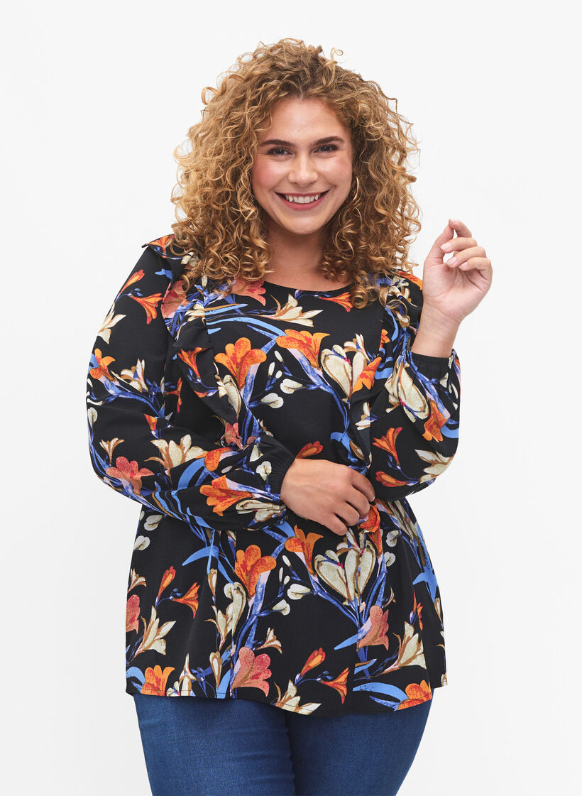 Blouse met lange mouwen en ruches, Black Flower AOP, Model image number 0