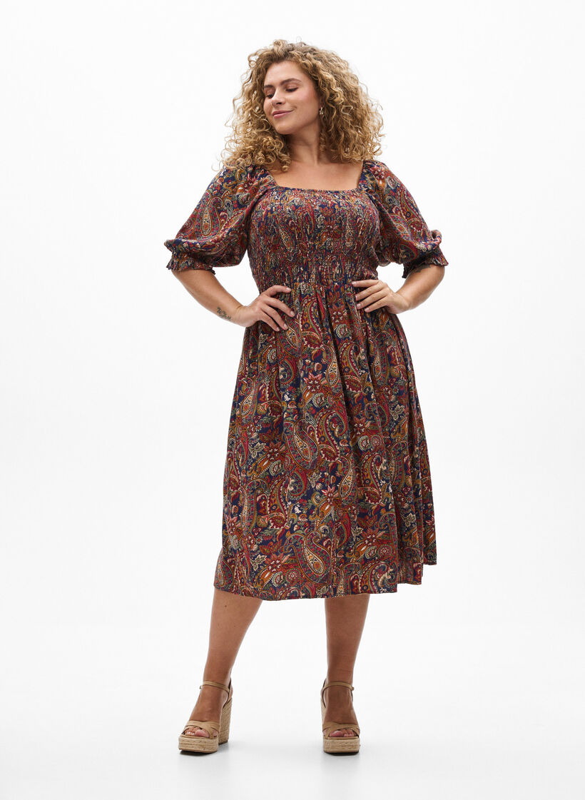 Zomerjurk in viscose met paisley print, Blauw, Model image number 1