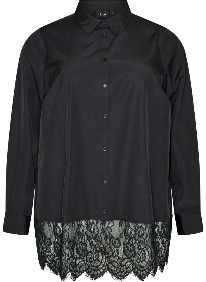 Losse blouse met een brede kanten rand, Zwart, Packshot image number 0