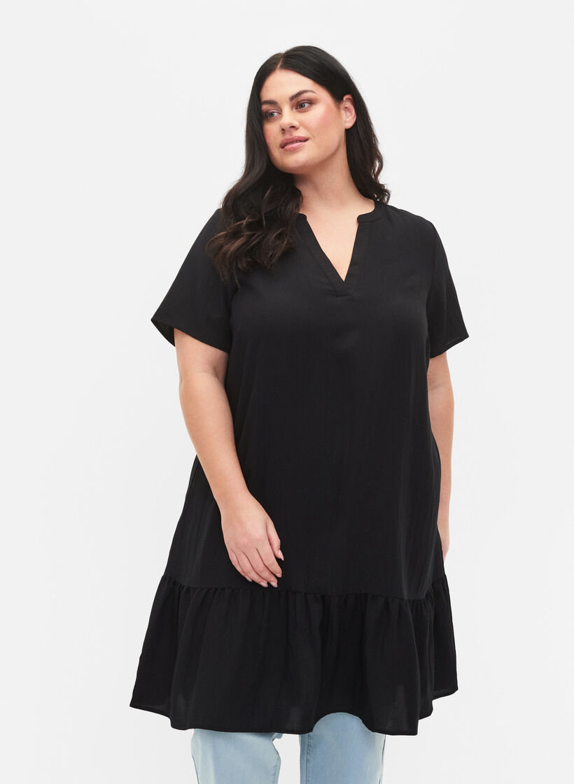 Viscose jurk met korte mouwen en v-hals, Black, Model image number 0