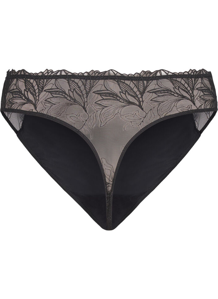 Microvezel string met kanten details, Zwart, Packshot image number 1