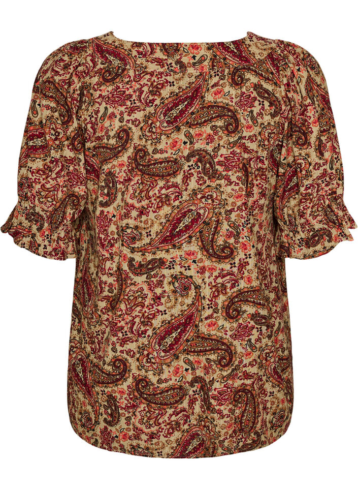 Viscose blouse met paisleymotief en een vierkante halslijn, Bruin, Packshot image number 1