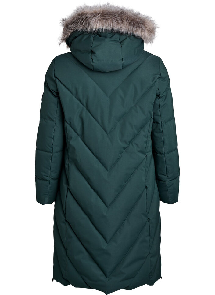 Lange winterjas met haaksluitingen en een nep bontkraag, Groen, Packshot image number 1