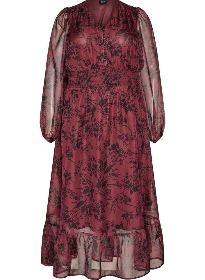 Maxi-jurk met bloemenprint en smokwerk, Donker Bordeaux, Packshot image number 0