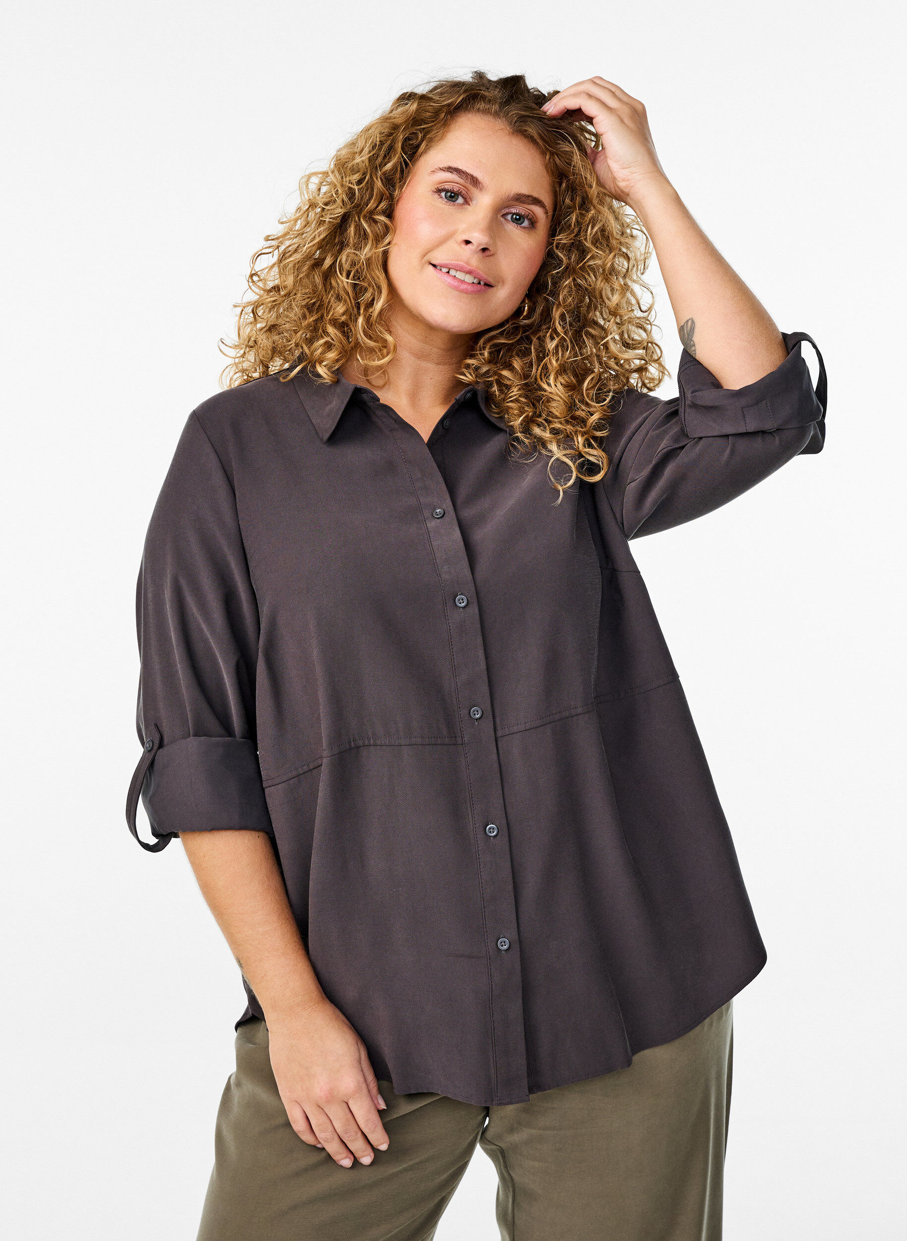 Zizzi FLASH - Shirt met kraag en opgerolde mouwen, Grijs, Model image number 0