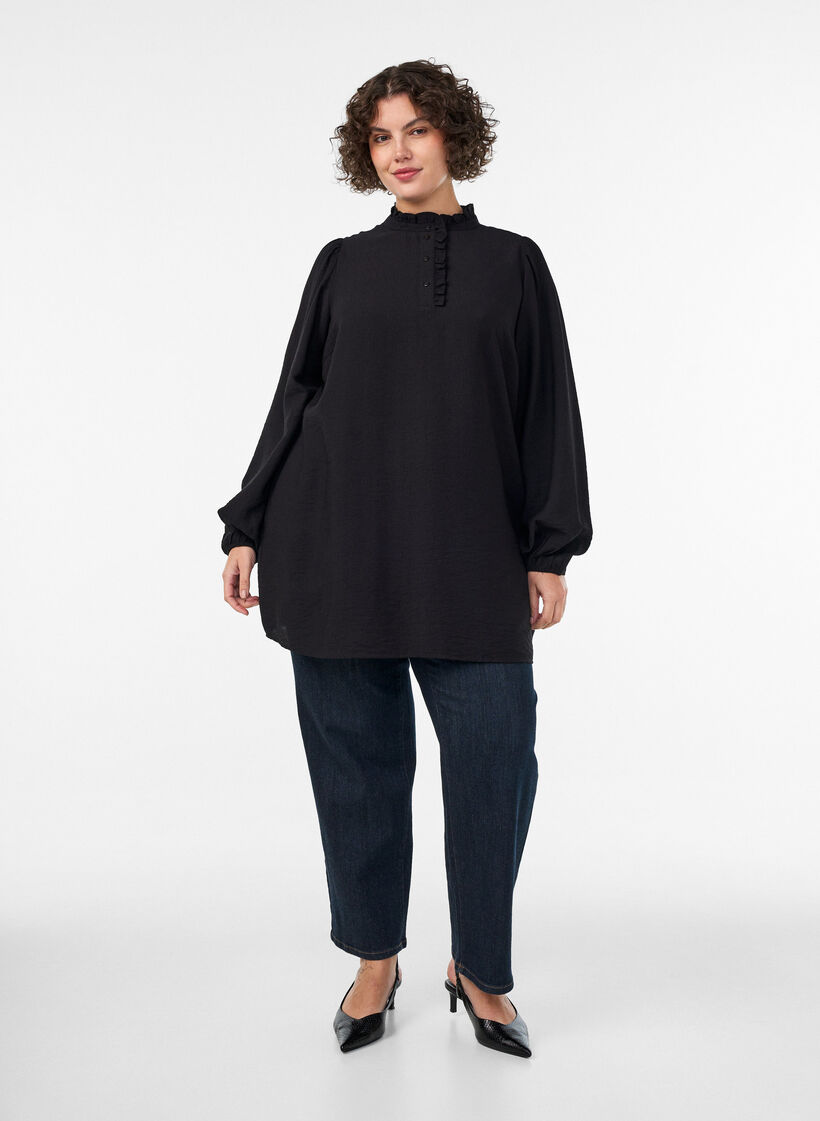 Viscose tuniek met ruches en knopen, Zwart, Model image number 1