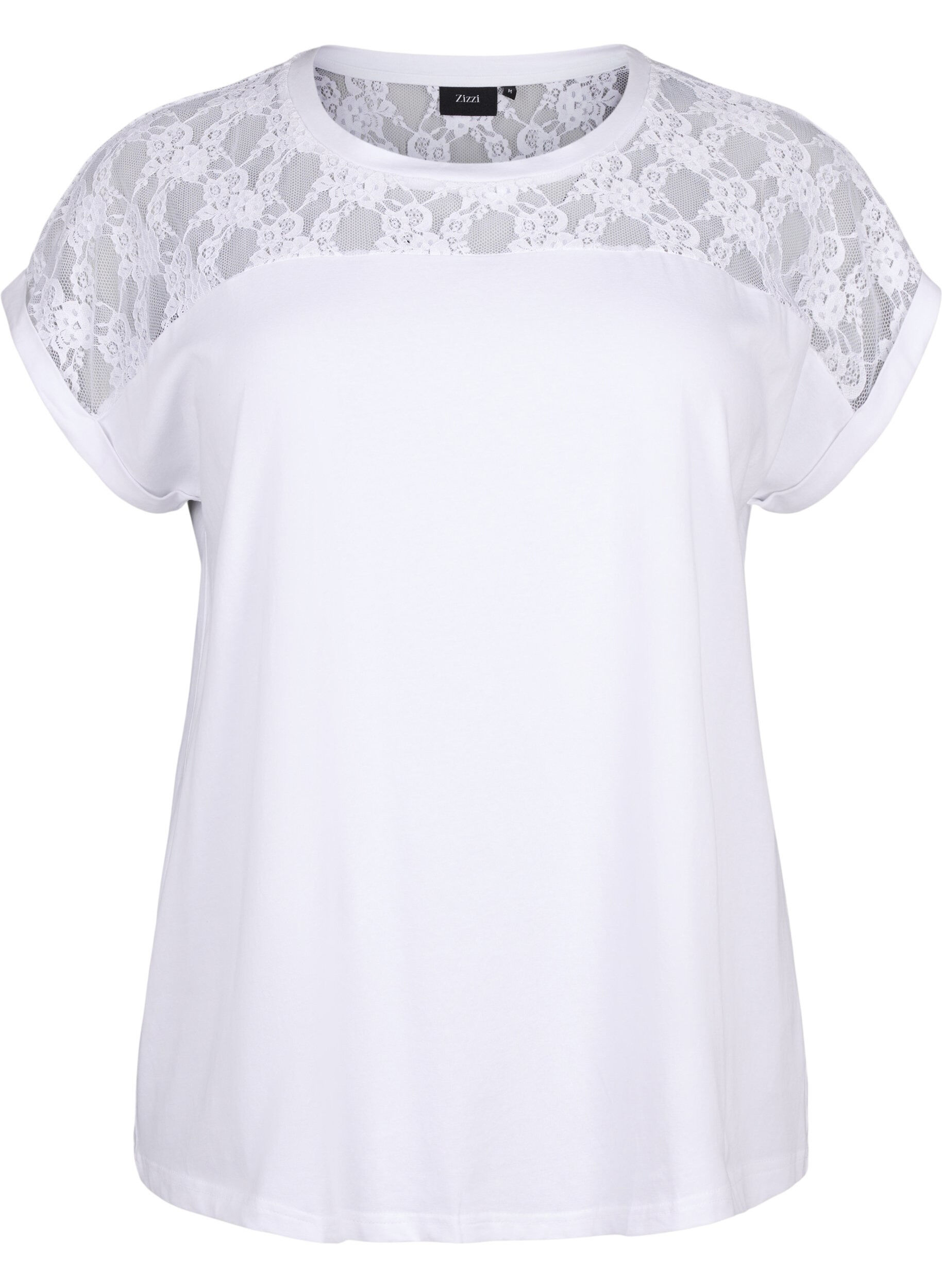 Zizzi Katoenen T-shirt met korte mouwen en kant, Bright White, Packshot image number 0
