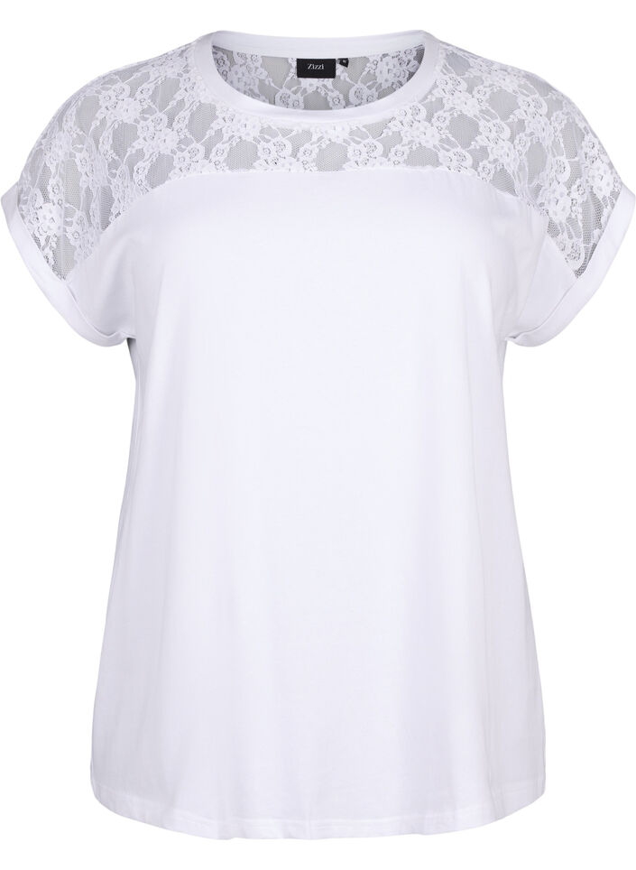 Katoenen T-shirt met korte mouwen en kant, Bright White, Packshot image number 0