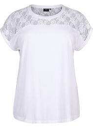 Katoenen T-shirt met korte mouwen en kant, Bright White