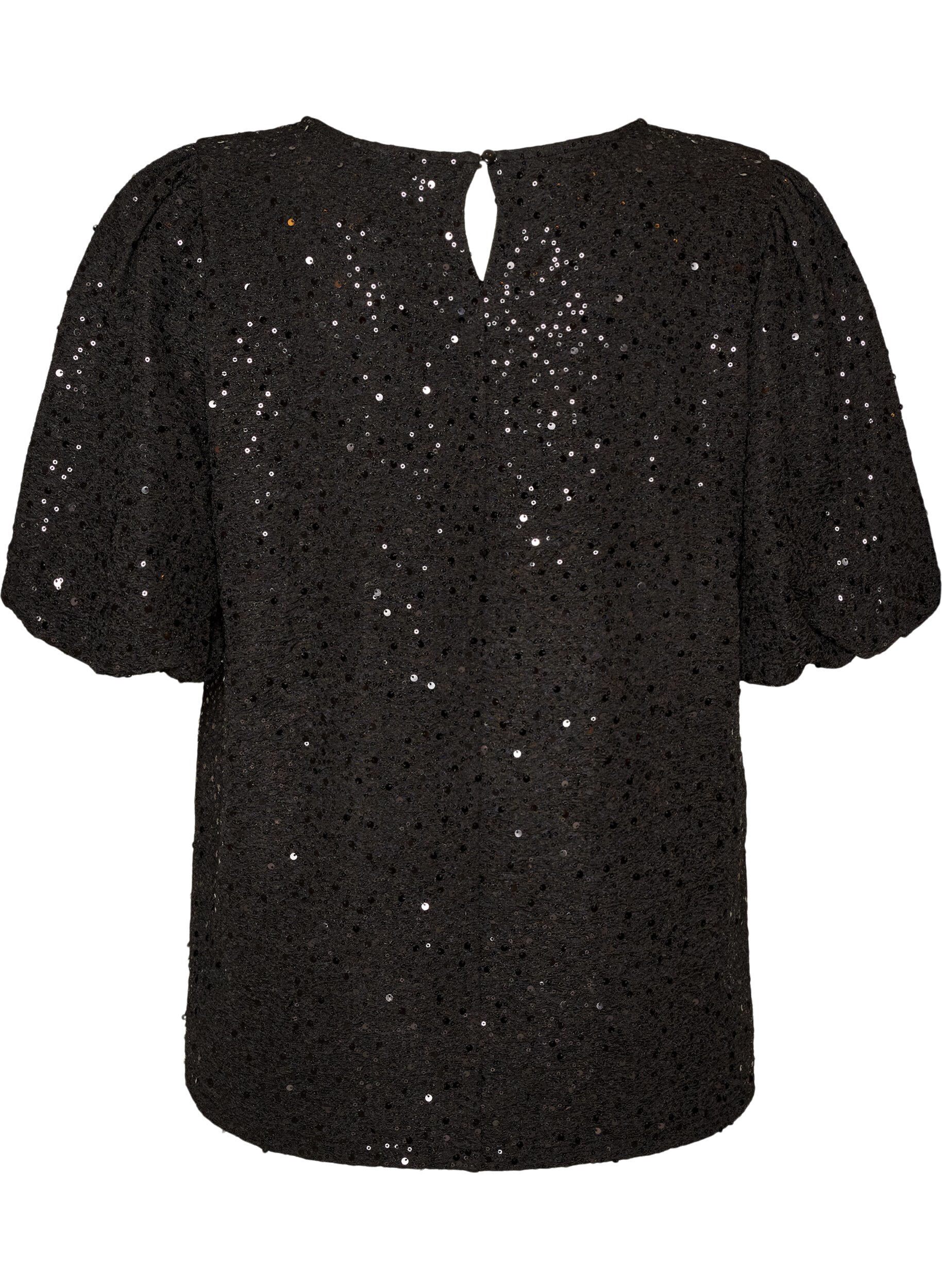 ZizziBlouse met pailletten en ballonmouwen, Zwart, Packshot image number 1