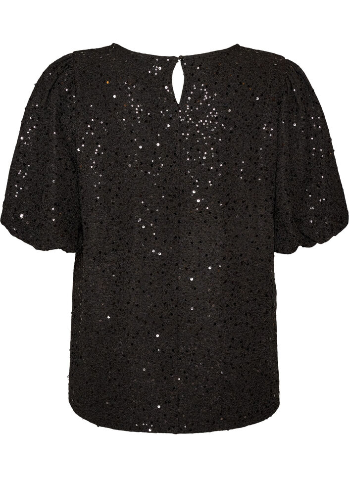 Blouse met pailletten en ballonmouwen, Zwart, Packshot image number 1
