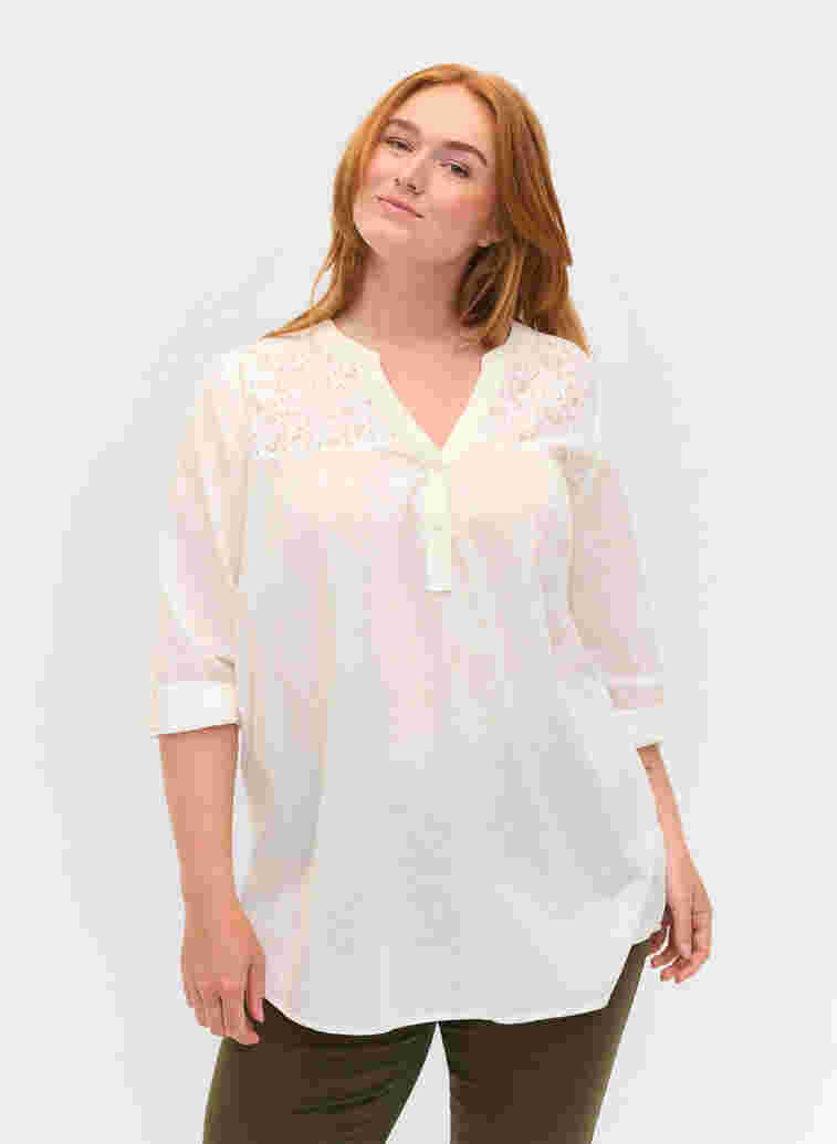 Katoenen blouse met kanten details, Bright White, Model image number 0