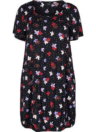 Viscose jurk met print en korte mouwen , Black Dot Flower, Packshot image number 0
