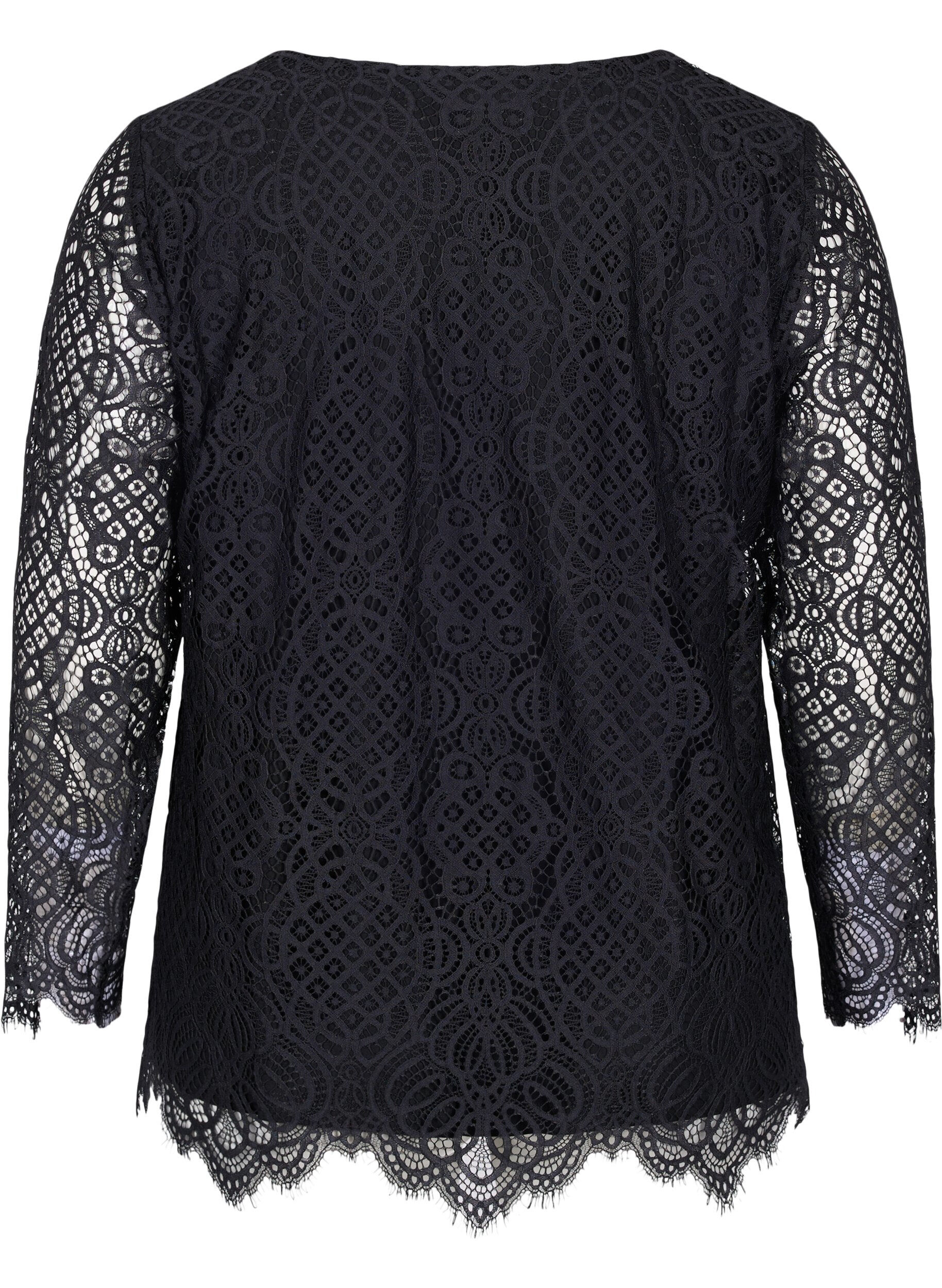 Zizzi Kanten blouse met lange mouwen en v-hals, Black, Packshot image number 1