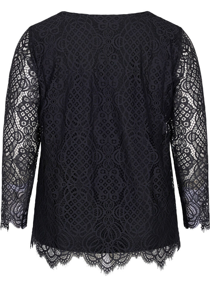 Kanten blouse met lange mouwen en v-hals, Black, Packshot image number 1