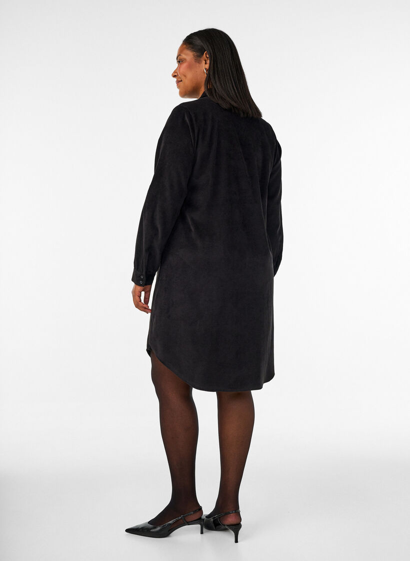 Corduroy overhemdjurk met kraag en knoopsluiting, Zwart, Model image number 2
