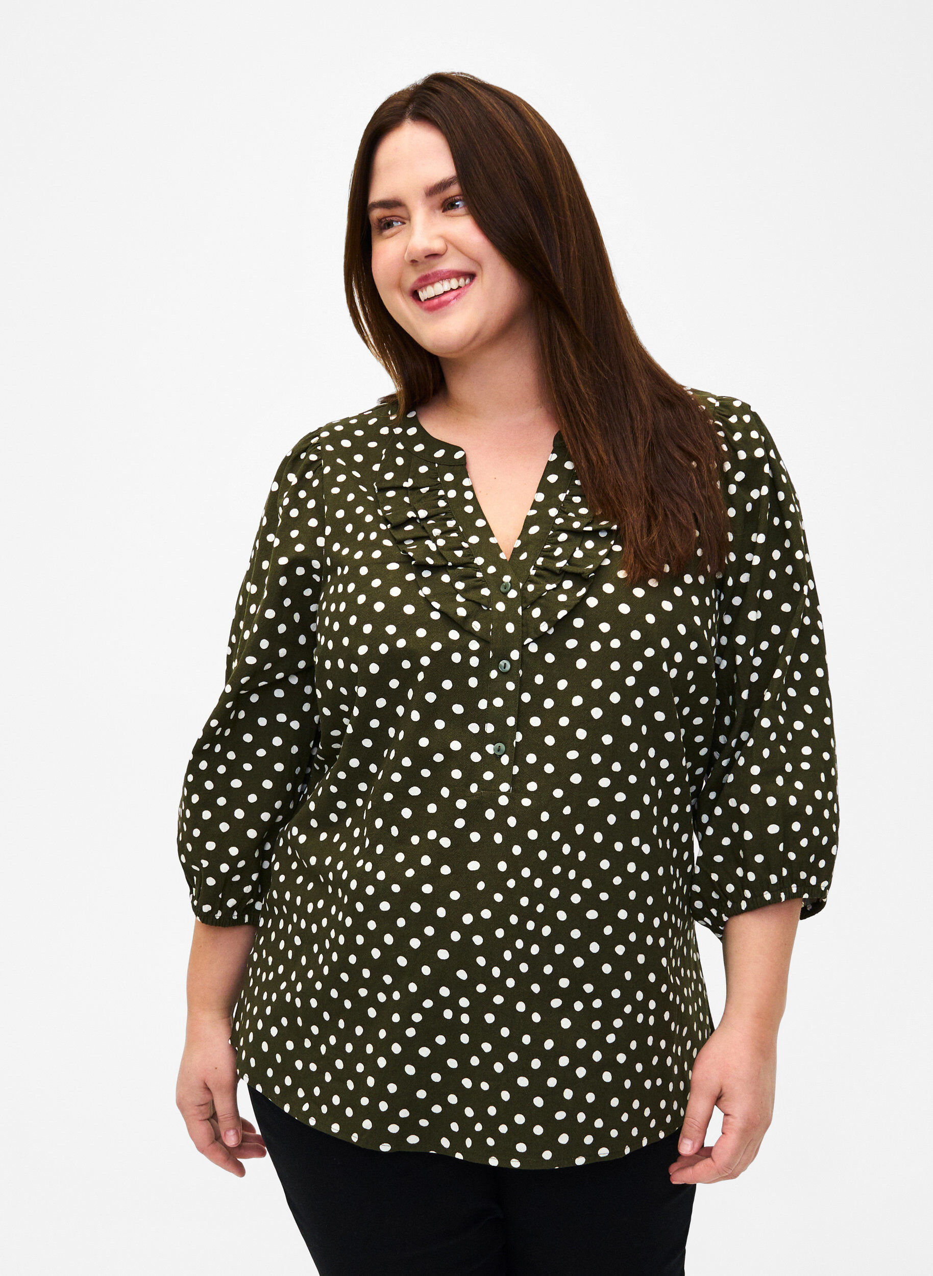 Zizzi Katoenen blouse met 3/4 mouwen en stippen, Forest Night Dot, Model image number 0