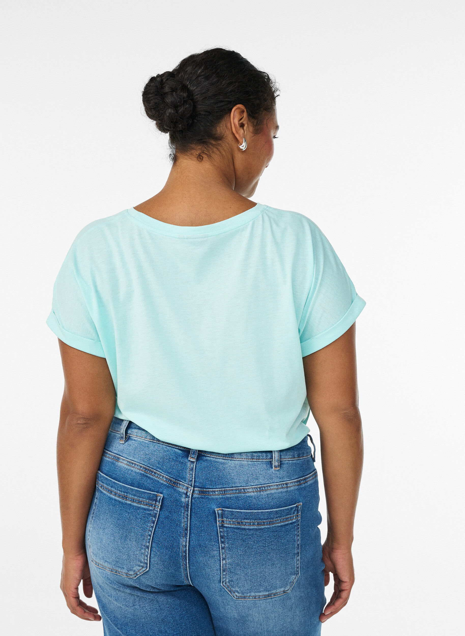 Zizzi T-shirt met korte mouwen in een katoenmix, Turquoise, Model image number 2