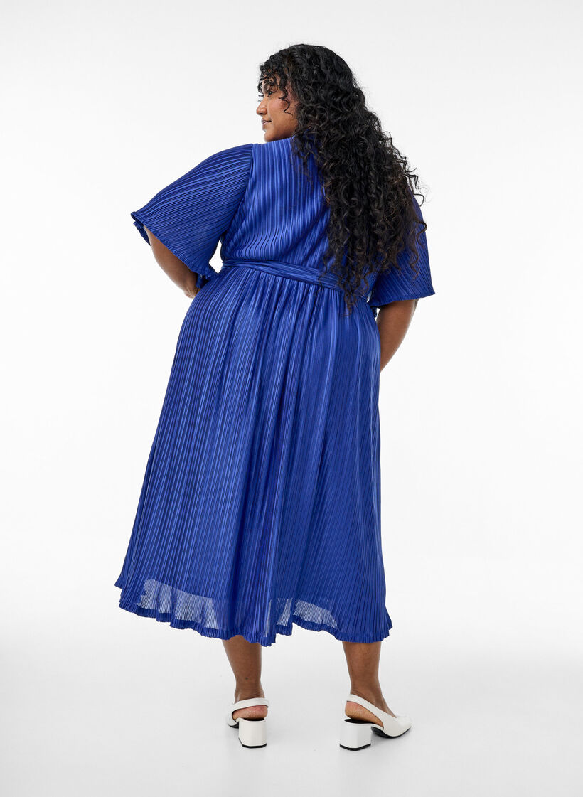 Geplooide midi-jurk met vleermuismouwen, Blauw, Model image number 1