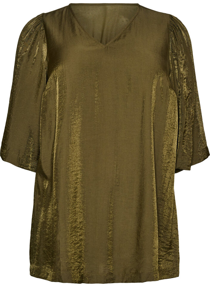 Glanzende tuniek met V-hals en 3/4 mouwen, Groen, Packshot image number 0