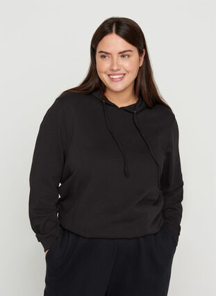 Sweatshirt met capuchon en geribbelde randen, Black, Model image number 0
