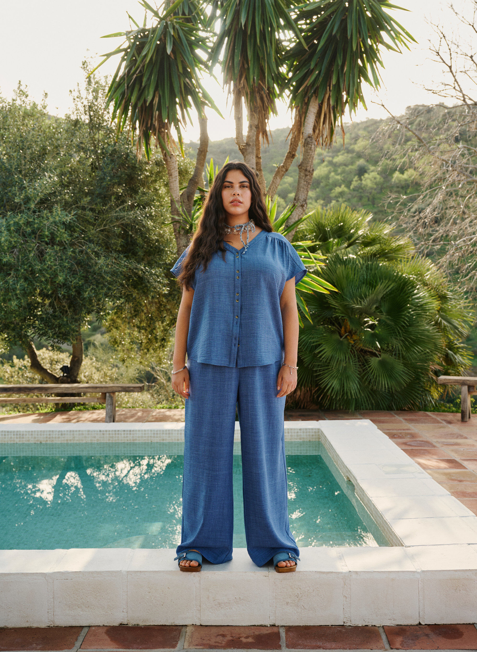 Zizzi Losse broek met elastische tailleband en zakken, Blauw, Image image number 0