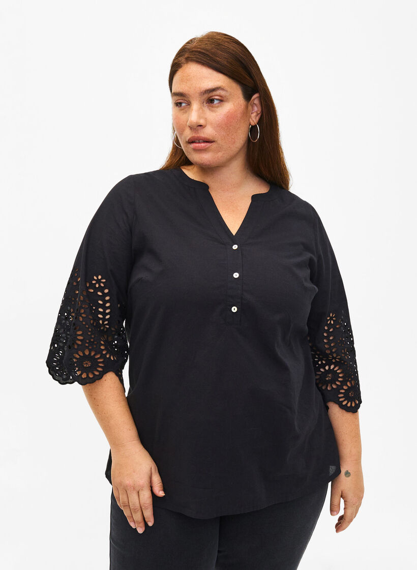 Shirt blouse met broderie anglaise en 3/4-mouwen, Black, Model image number 0