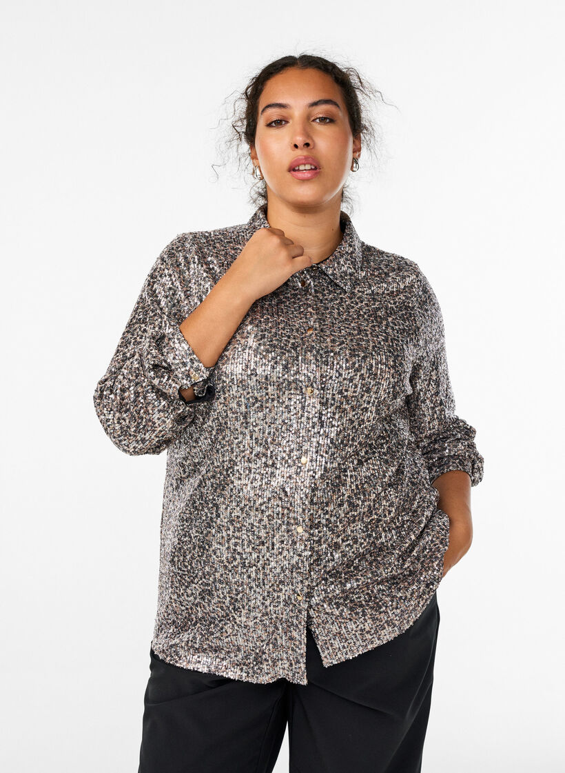 Shirt met lange mouwen en pailletten, Bruin, Model image number 0