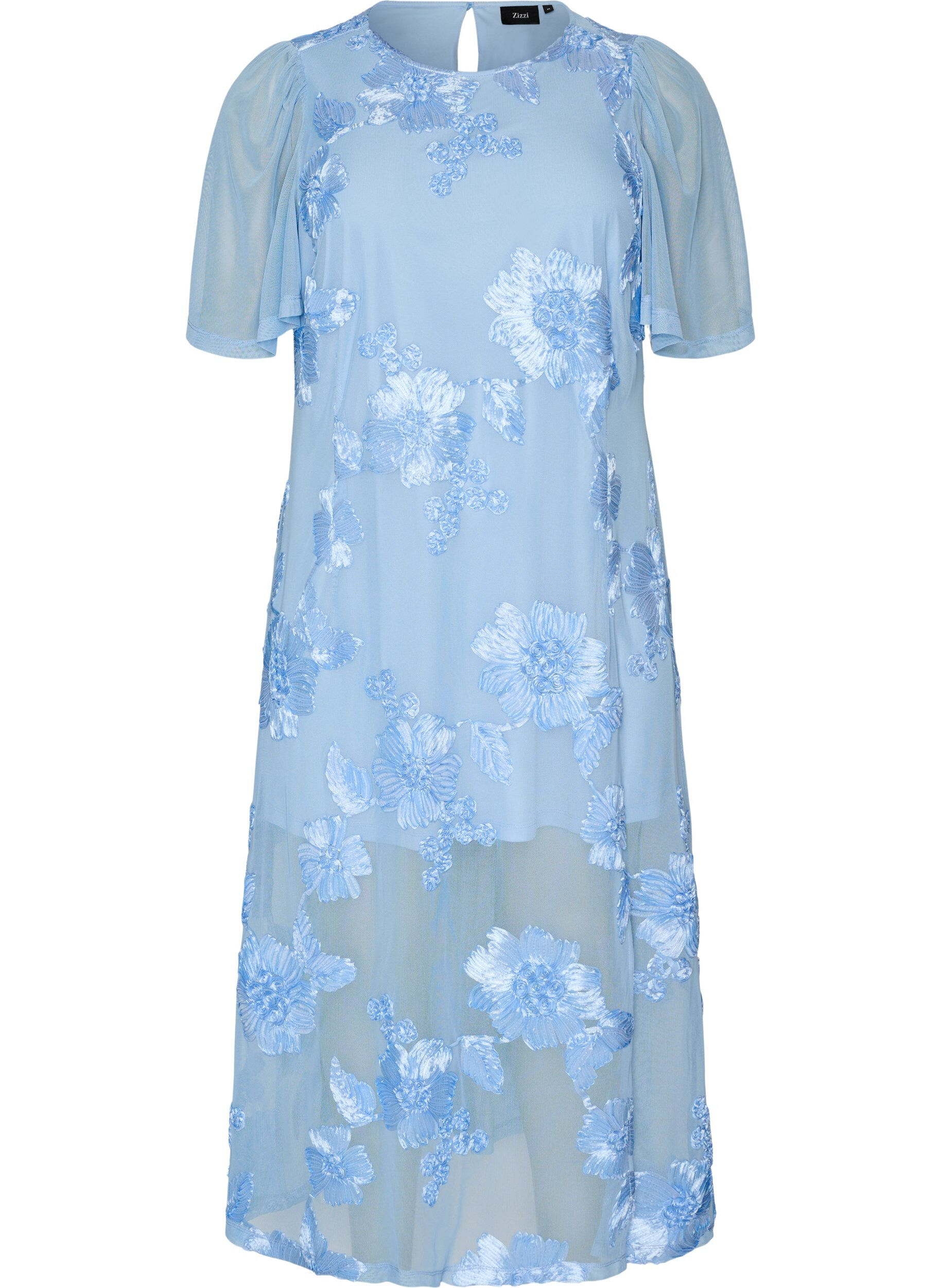 ZizziMeshjurk met bloemenapplicaties, Blauw, Packshot image number 0