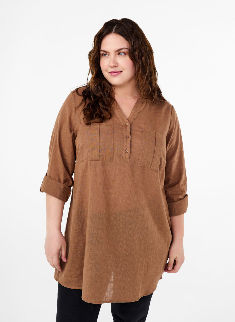 Katoenen tuniek met 3/4 mouwen, Coca Mocha, Model image number 0