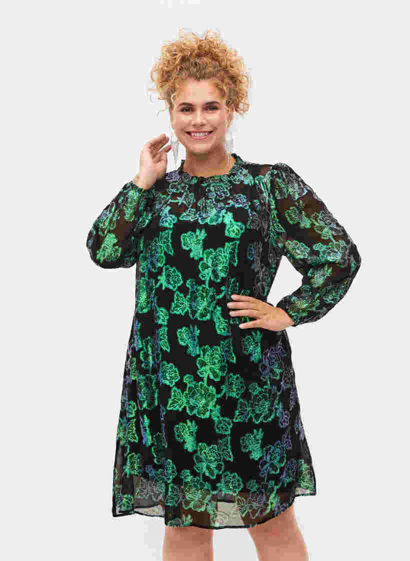Gebloemde viscose jurk met lurex structuur, Black w. Green Lurex, Model image number 0