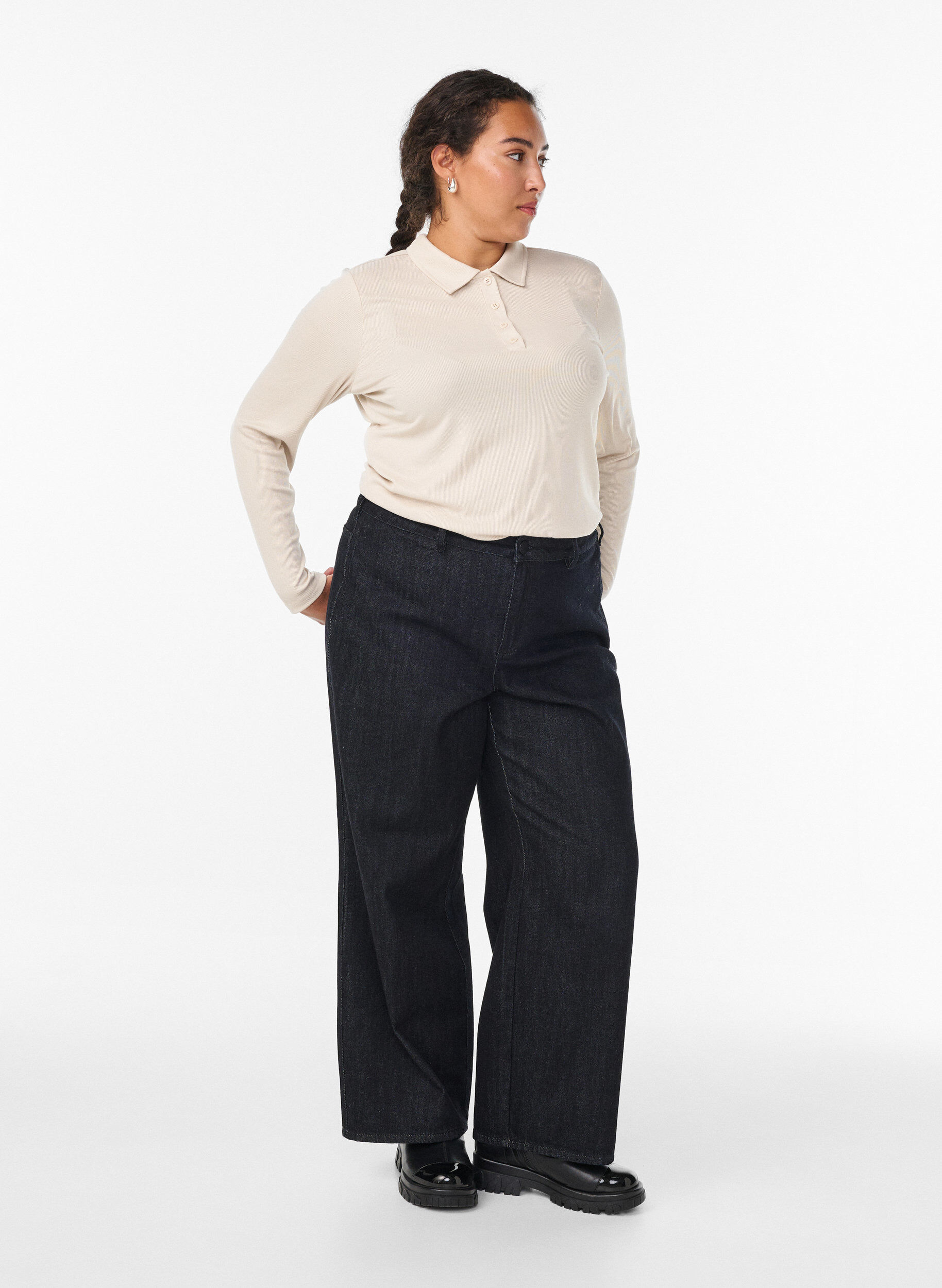 Zizzi Polo in zachte rib met lange mouwen, Beige, Model image number 1