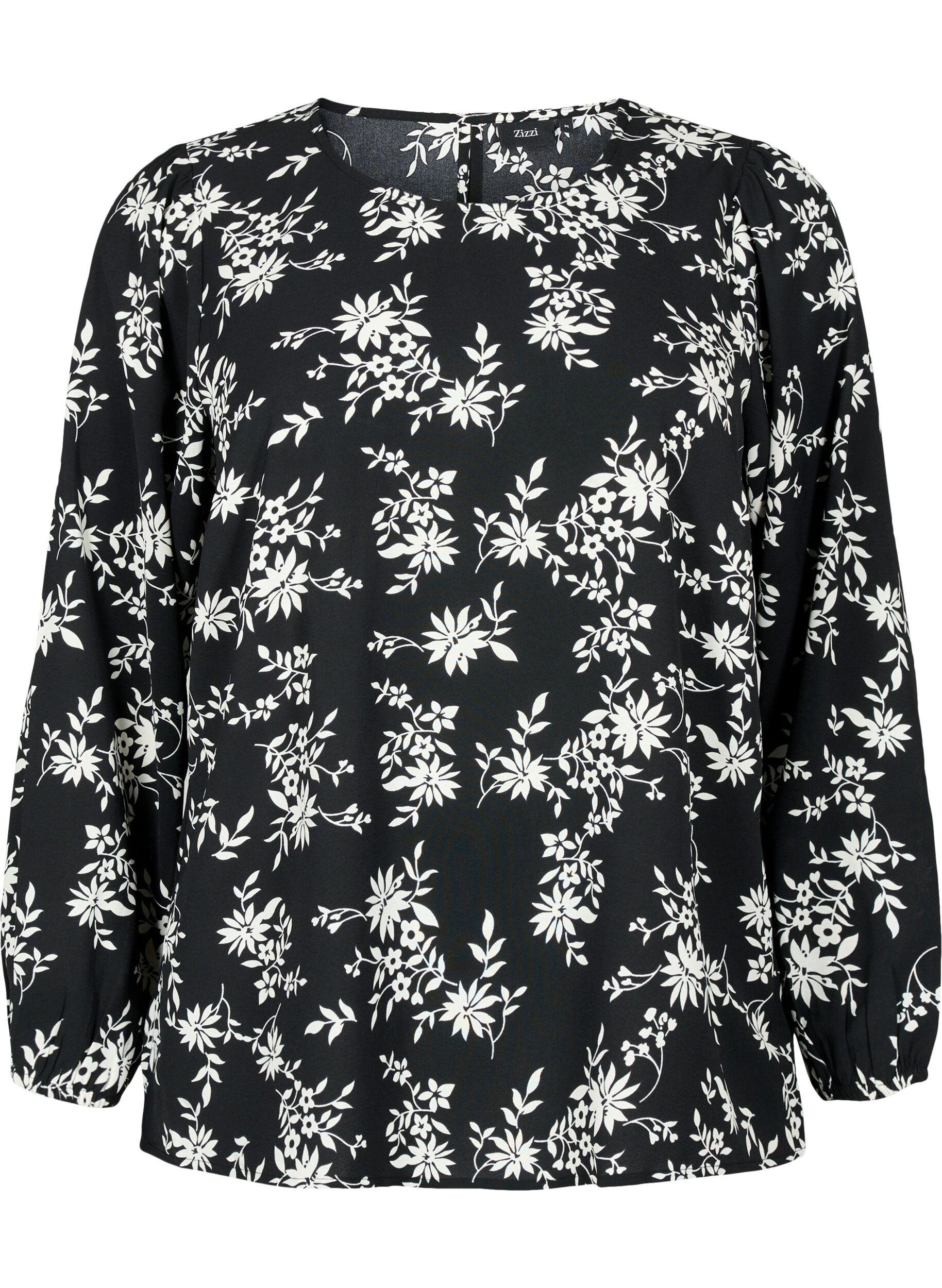 Zizzi Blouse met pofmouwen, Black Flower AOP, Packshot image number 0