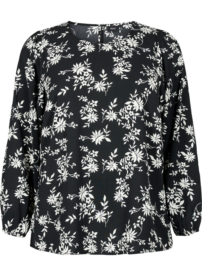 Blouse met pofmouwen, Black Flower AOP, Packshot image number 0
