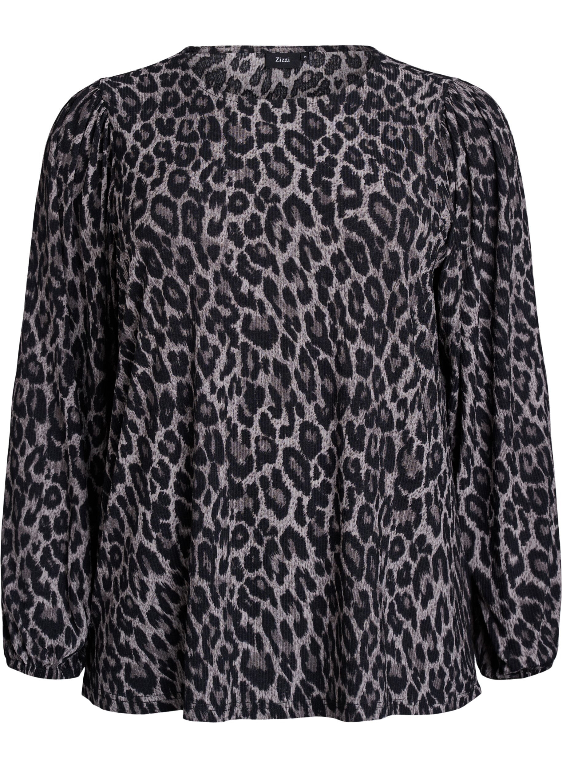 ZizziBlouse met lange mouwen en luipaardprint, Grijs, Packshot image number 0