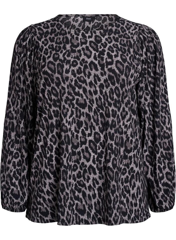 Blouse met lange mouwen en luipaardprint, Grijs, Packshot image number 0