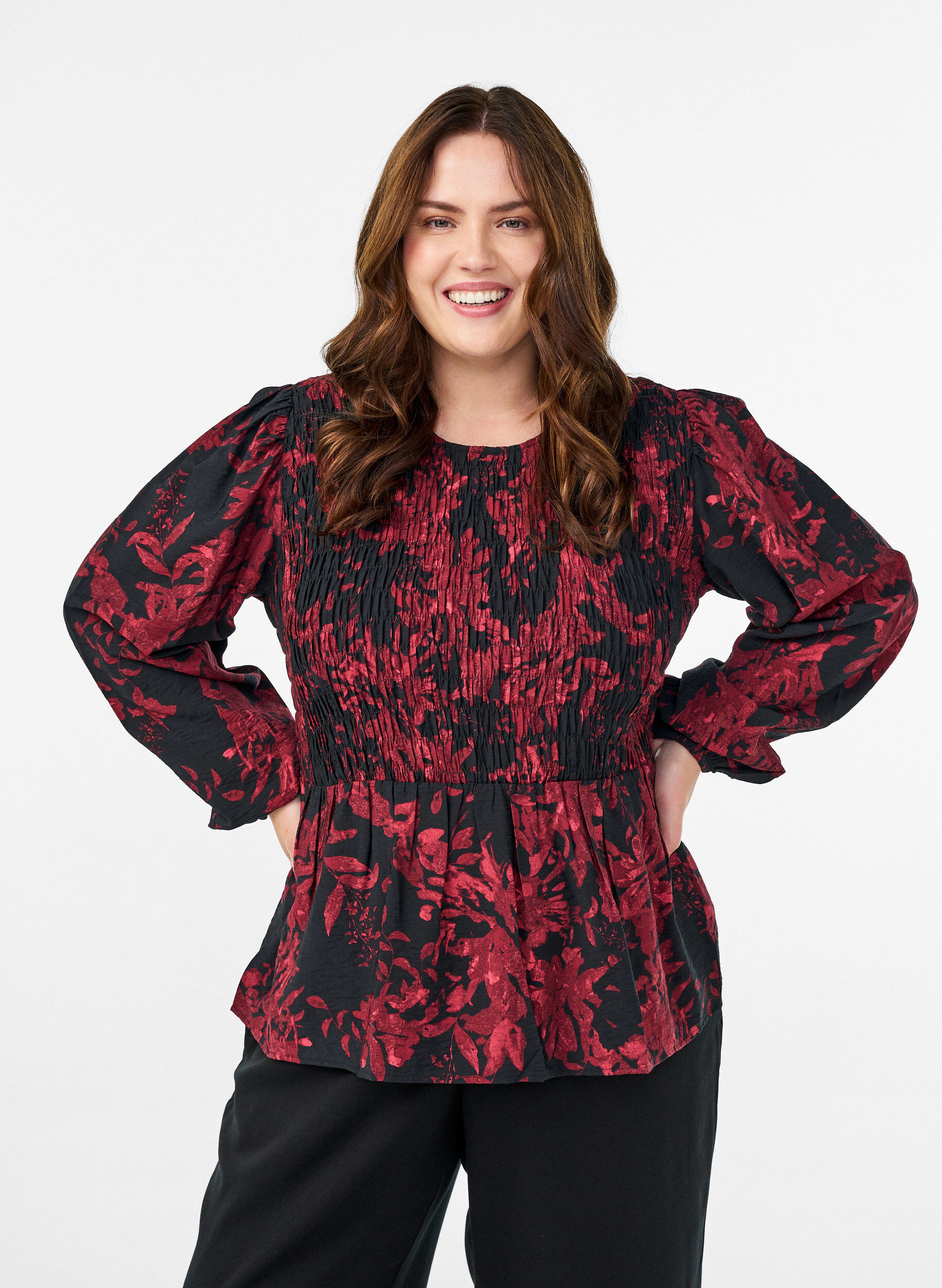 ZizziBlouse met smock en lange mouwen, Zwart, Model image number 0