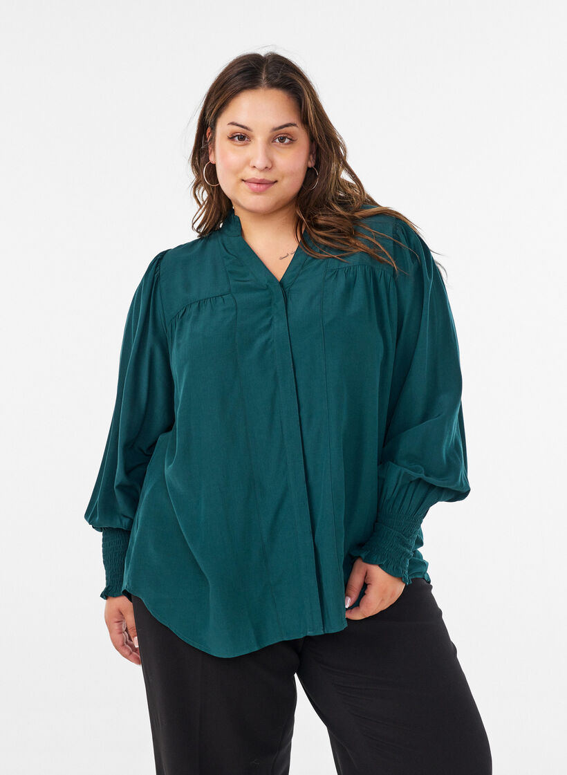 Blouse met ruches kraag en plooien, Groen, Model image number 0