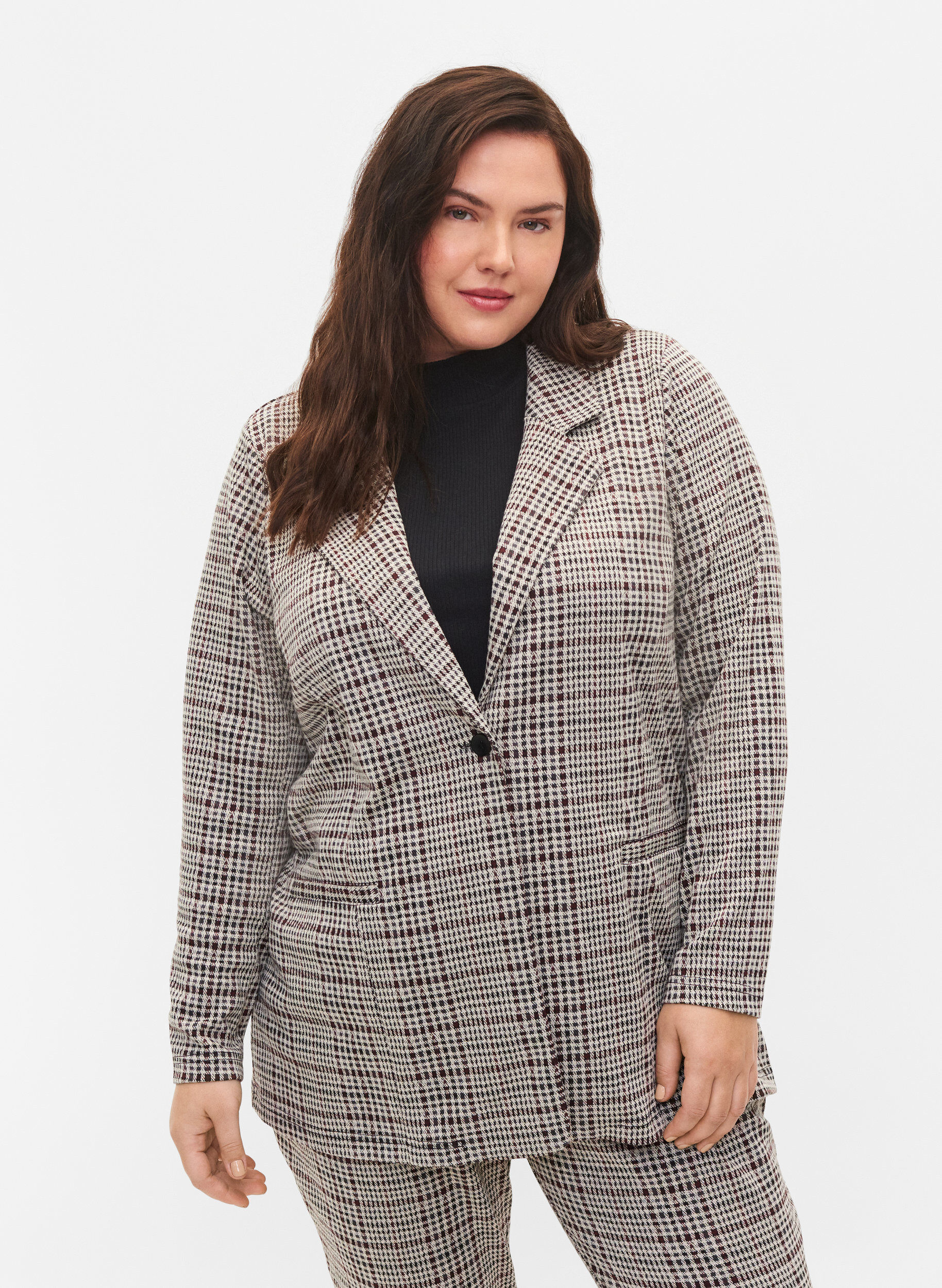 Zizzi Geruite blazer met knoopsluiting, Brown Check, Model image number 0