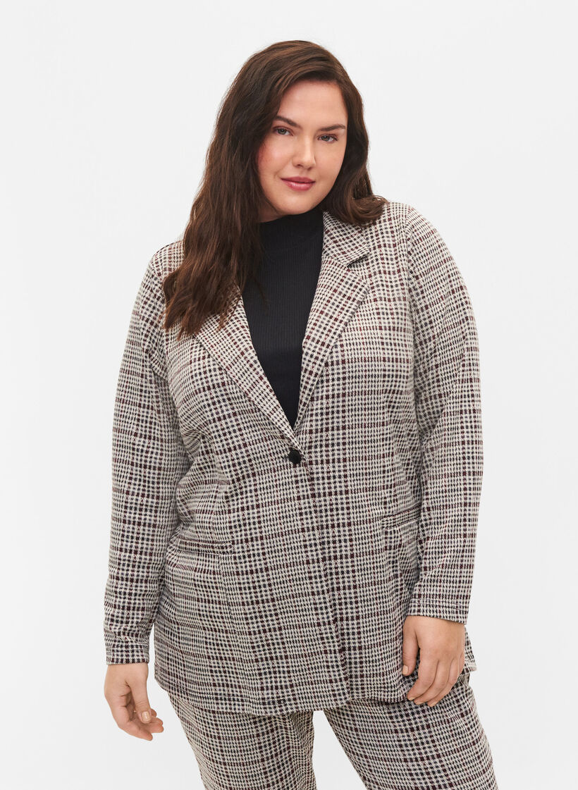 Geruite blazer met knoopsluiting, Brown Check, Model image number 0