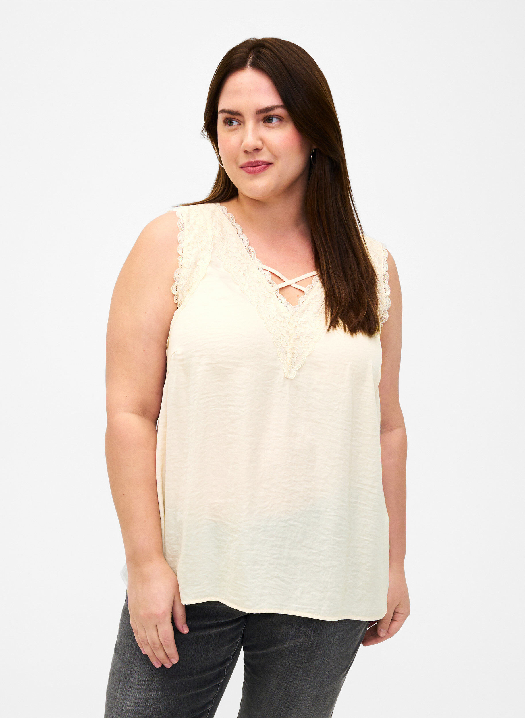 Zizzi Top met kant en gekruist accent, White Smoke, Model image number 0