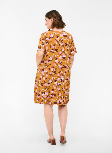 Viscose jurk met print en korte mouwen , Yellow Flower, Model image number 1