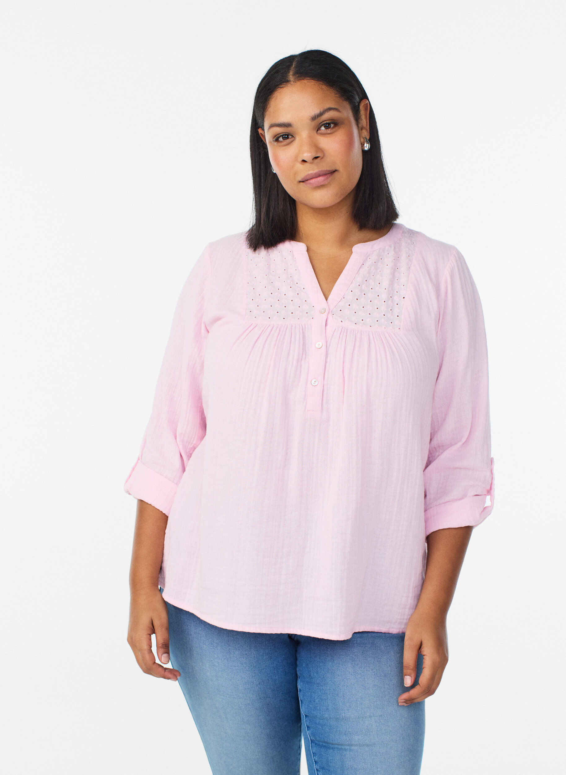Zizzi Blouse in katoenen mousseline met broderie anglaise, Roze, Model image number 0