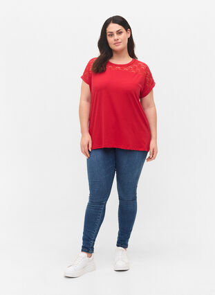 Katoenen t-shirt met korte mouwen en kant, Tango Red, Model image number 2