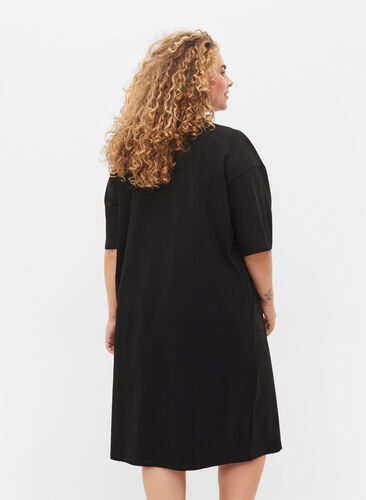 Katoenen jurk met korte mouwen en splitjes, Black, Model image number 1